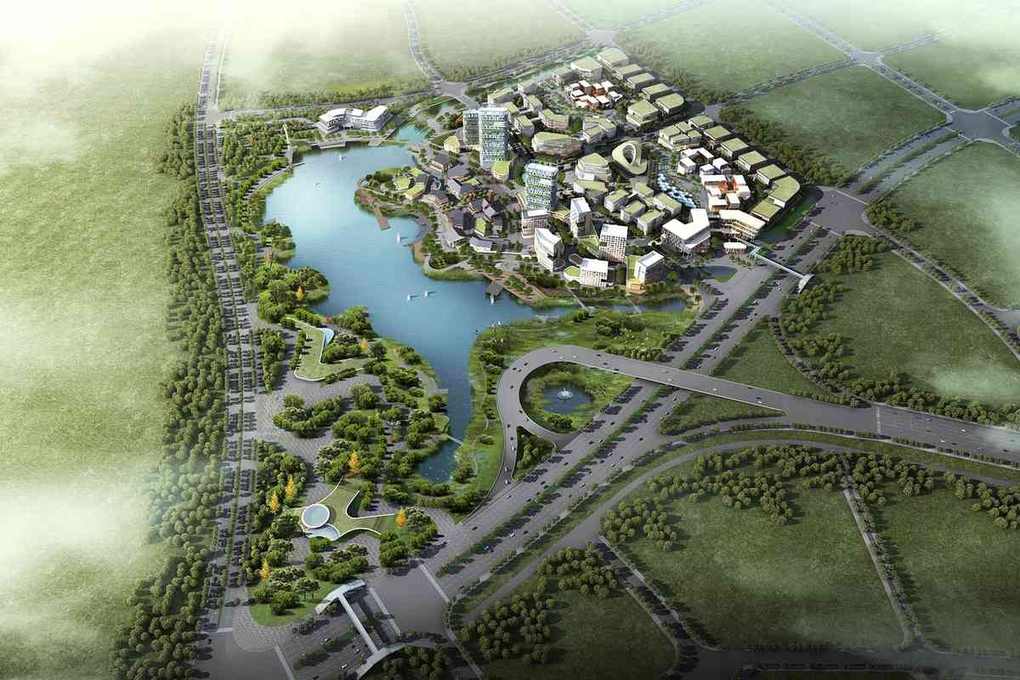 Vue aérienne d'une ville entourée de lac et de routes