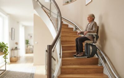 Monte-escalier moderne sur un escalier tournant, maison lumineuse